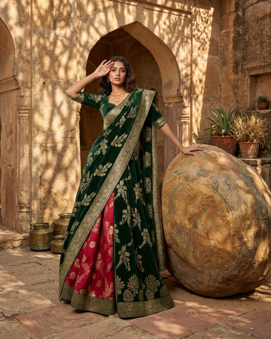 Model in exquisite green bridal lehenga