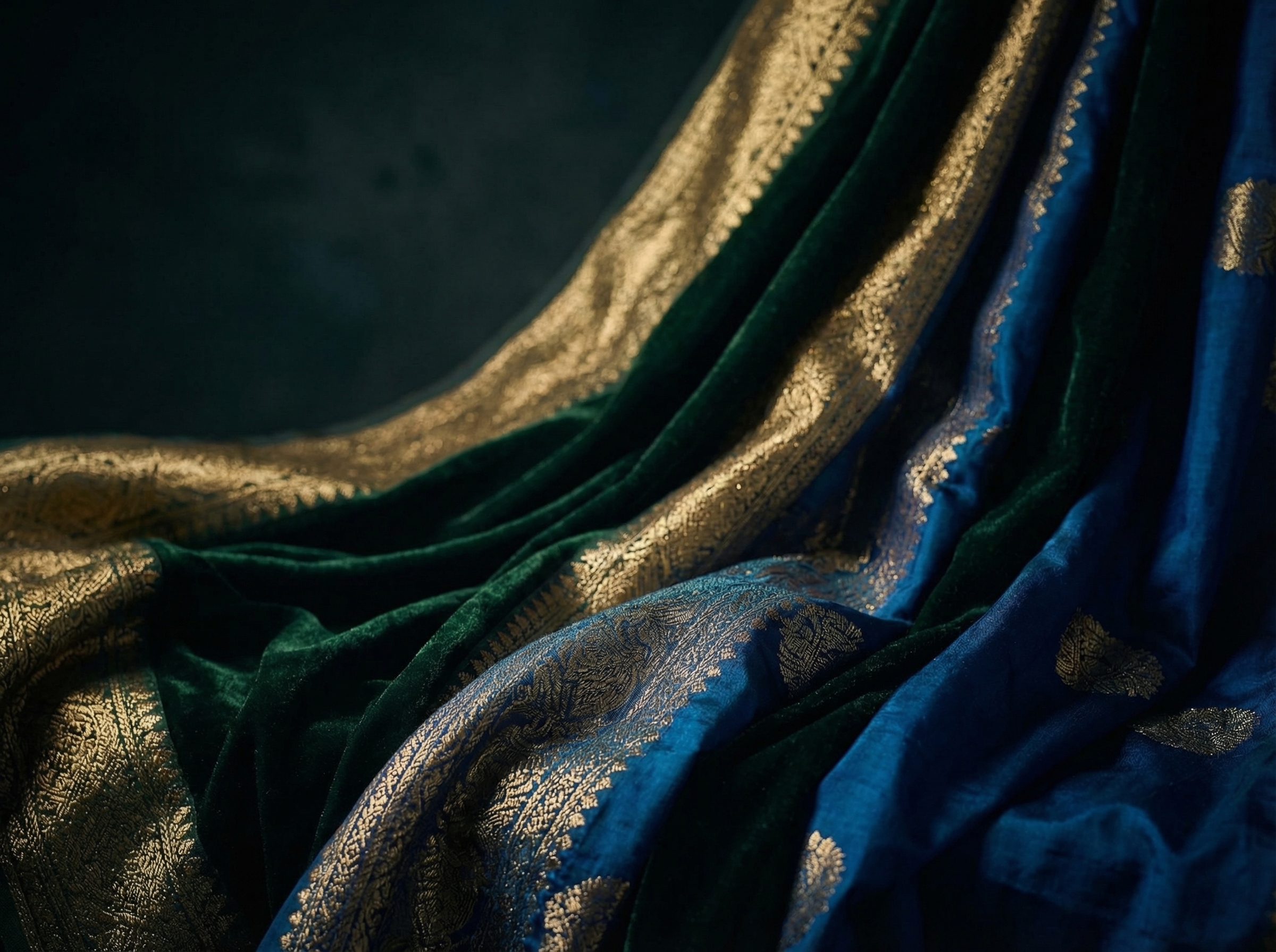 Blue and green silk with gold brocade weave