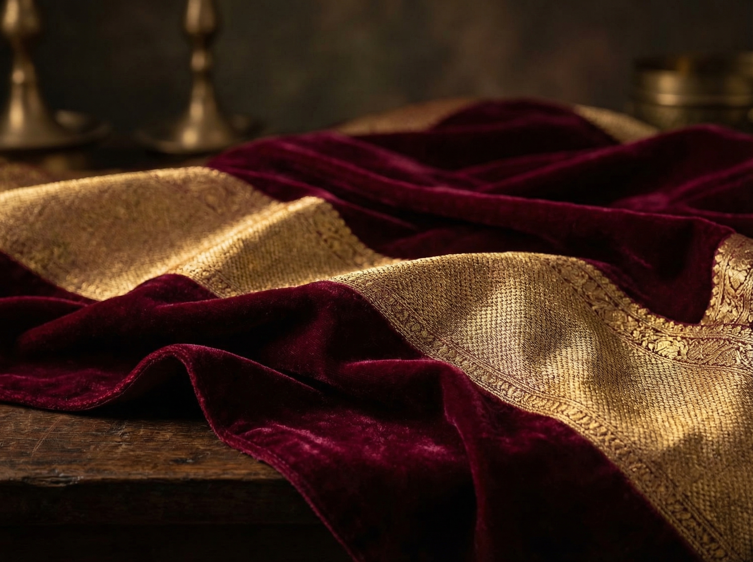 Luxurious maroon velvet with gold zari border