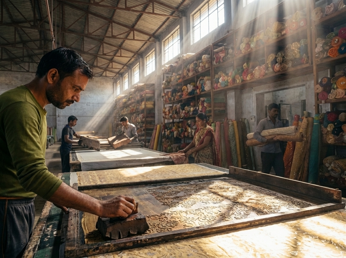 Artisans block printing fabric in Amber Silk Mills workshop